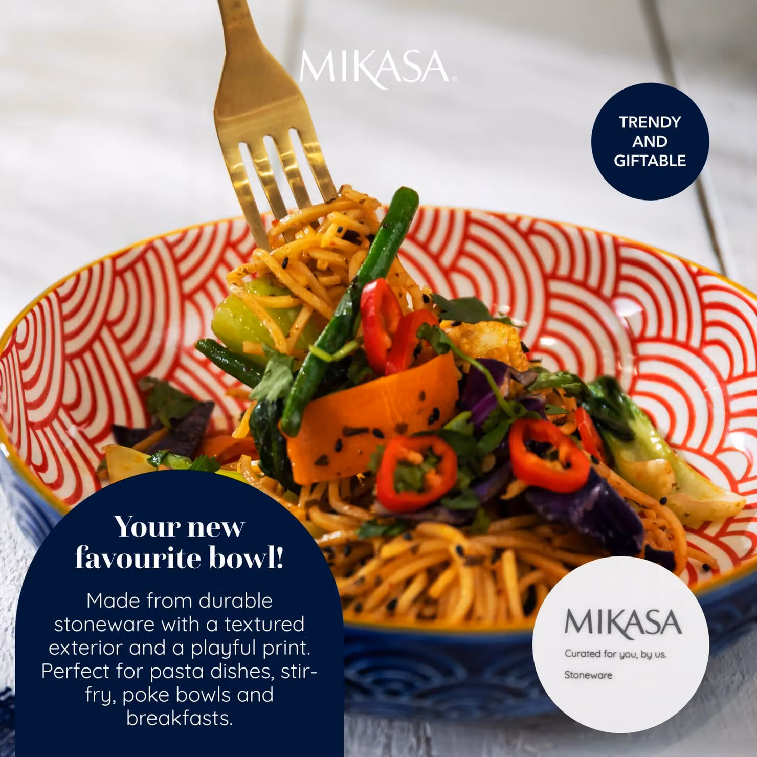 Mikasa Blue Geometric Glazed Stoneware Pasta Bowl, 21 cm – 10