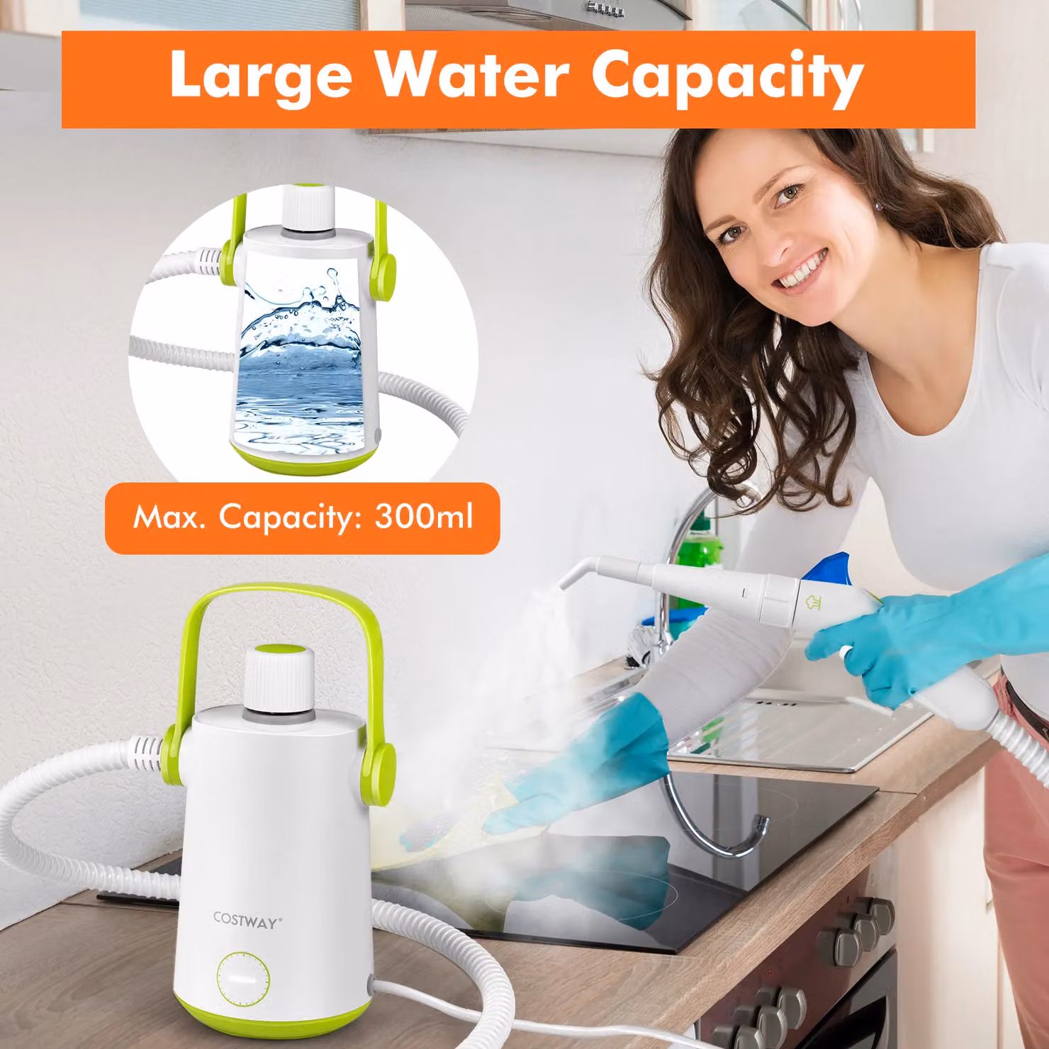 Costway Handheld Steam Cleaner, 1000W Pressurised Steamer with 3 Bar Pressure in Green and White – 2