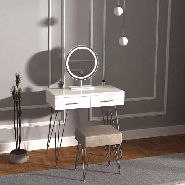 CARME White Glossy Minimalist Dressing Table with Hollywood LED Mirror