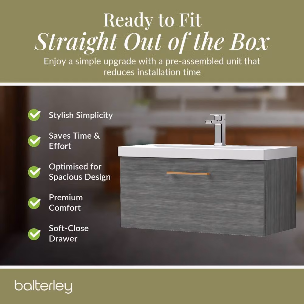 Balterley 800mm Wall Hung 1 Drawer Vanity in Woodgrain Anthracite Grey with Copper Handle – 4