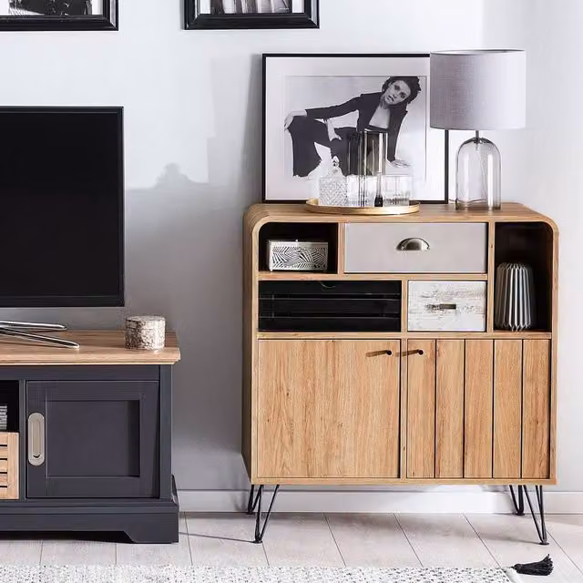 Wyld and Coco Retro Sideboard in Brown with 2 Doors and 3 Drawers, W/D/H: 80 x 40 x 87 cm – 1