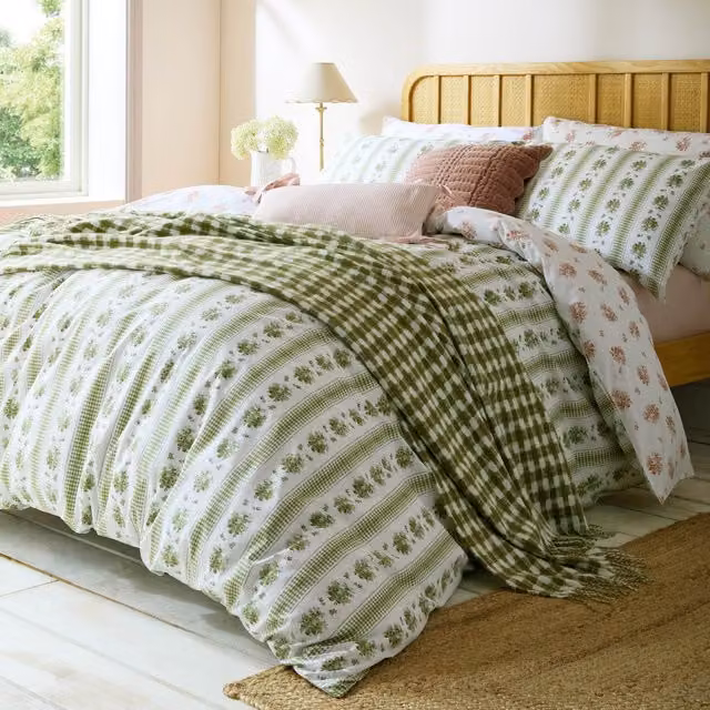 Laura Ashley Pensham Striped Cotton Duvet Cover Bedding Set in Pink and Green