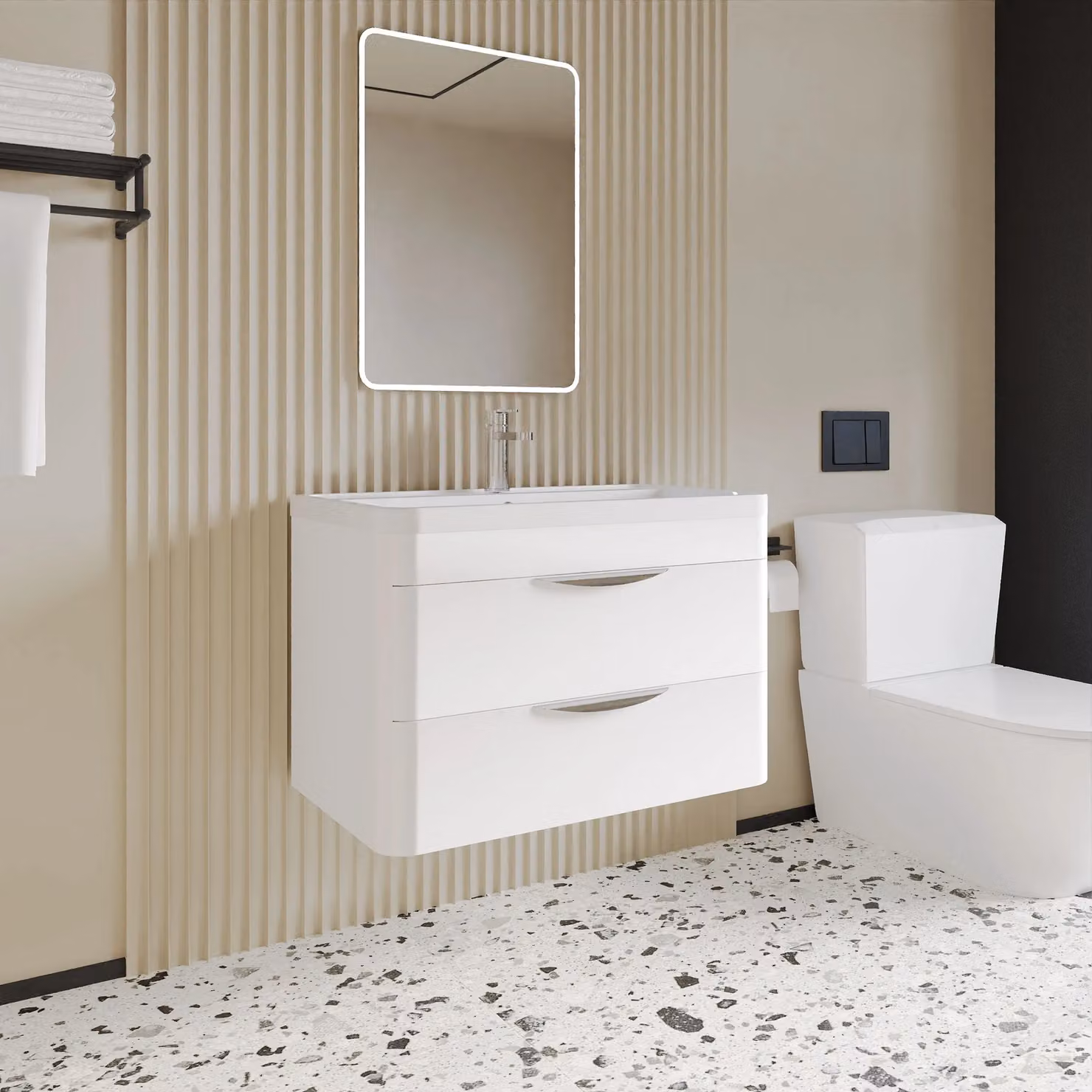 Balterley Modern Glossy White Wall Hung 2 Drawer Bathroom Vanity Unit with Basin, W: 75.5 cm, D: 54 cm – 2