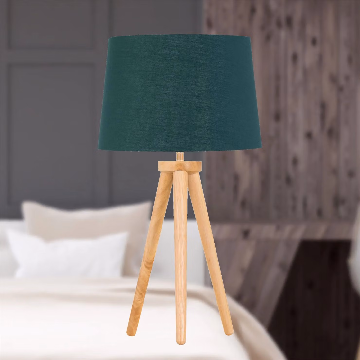 First Choice Lighting Set of 2 Light Oak Table Lamps with Green and Gold Fabric Shades in Brown, H 51.0 cm x W 28.5 cm x D 28.5 cm – 4