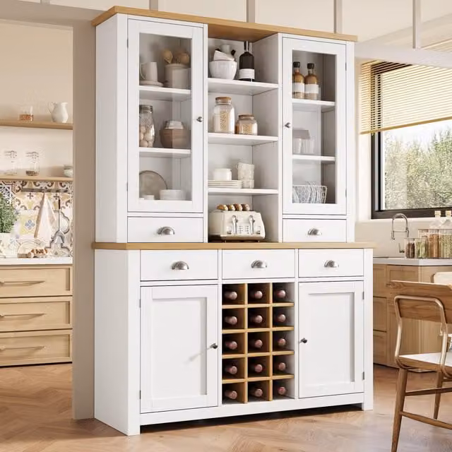Aosom UK White Kitchen Pantry Cabinet with Wine Rack, Glass Doors and 5 Deep Drawers, W/D/H: 120 x 40 x 185 cm – 1