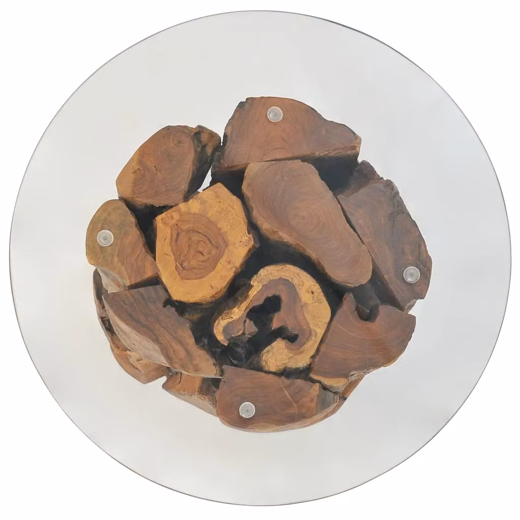 Berkfield Home Round Rustic Solid Teak and Glass Coffee Table in Brown, Diameter: 60 cm – 2