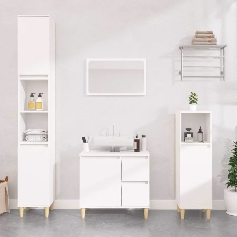 Berkfield Home White Bathroom Cabinet with Hinged Doors and Open Shelf, W/D/H: 30 x 30 x 190 cm