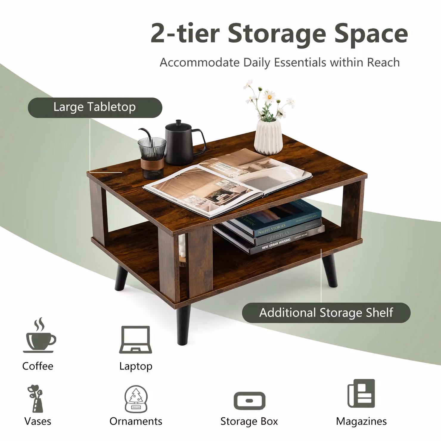Costway Industrial 2-Tier Wooden Coffee Table in Brown – 3