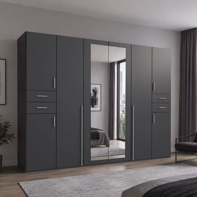 KDMD Vegas 6 Door Grey Wardrobe with Integrated Drawers and Mirror – 1