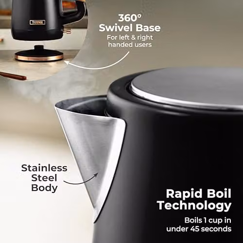 Tower Cavaletto 1.7L Jug Kettle in Black and Gold with Stainless Steel Body and Limescale Filter – 7
