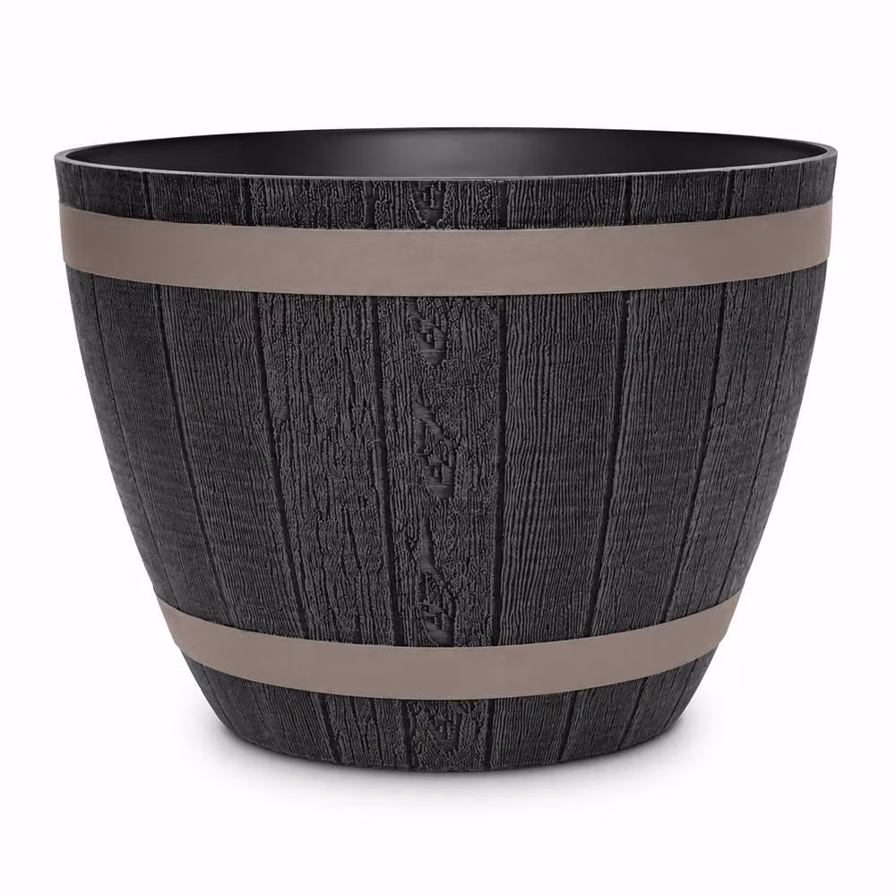 Simpa Set of 2 Rustic Dark Grey Plastic Half Barrel Cask Planter Tubs – 2