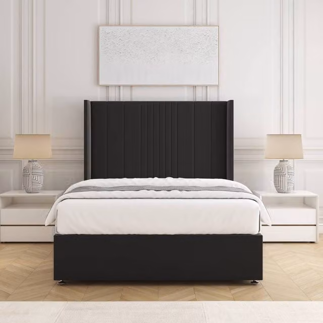 BSSPOKE Charlotte Divan Bed Set with Plush Velvet Headboard and Mattress in Black, W/D/H: 90 x 190 cm
