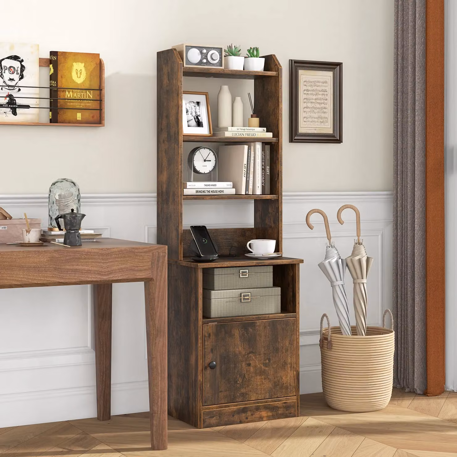 Gymax Tall Brown Nightstand with Shelves and Charging Station Grommet – 7