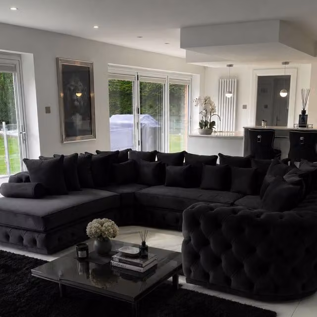 HOB Furniture Royal Surrey U-Shape Velvet Chaise Sofa in Black with Matching Ottoman and Scatter Cushions