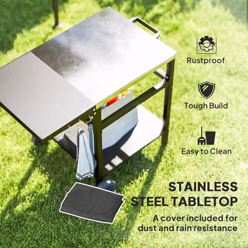 Outsunny Black Foldable BBQ Trolley and Pizza Oven Side Table with Wheels – 3