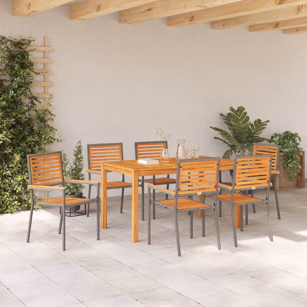 Berkfield Home 7 Piece Grey Poly Rattan and Acacia Wood Garden Dining Set – 3