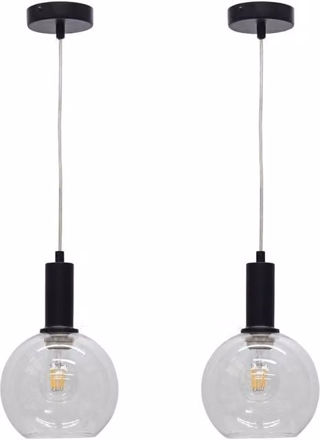 First Choice Lighting Barnum Set of 2 Art Deco Pendant Lights with Transparent Glass Spheres and Black Metal Fittings