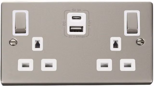 SE HOME Pearl Nickel 2 Gang 13A DP Ingot Type A C USB Twin Double Switched Plug Socket in Silver