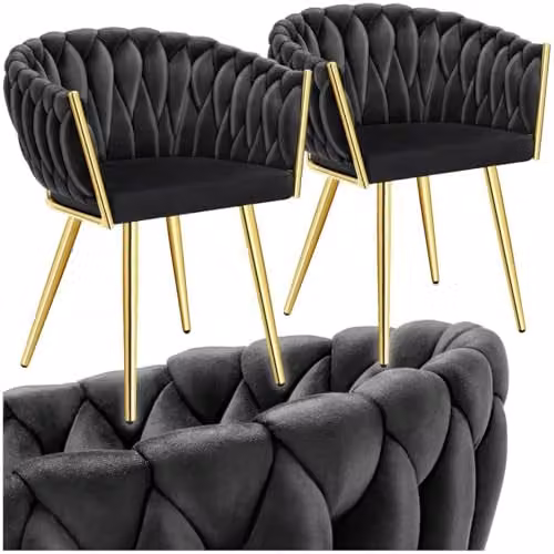 tectake Set of 2 Astano Dining Chairs with Velvet Fabric and Knot Design in Black and Gold – 1