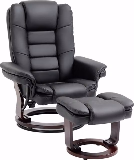 HOMCOM Black PU Leather Manual Recliner and Footrest Set with 360 Degree Swivel Wood Base