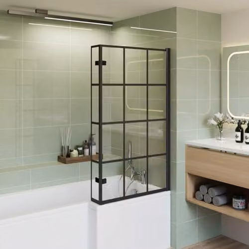 Nes Home Reversible L-Shape Bath Screen in Clear 6mm Tempered Glass, Matte Black – 1