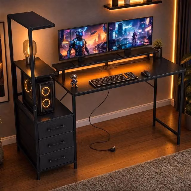 STILVORA Black Gaming Desk with RGB Lights and 3 Drawers