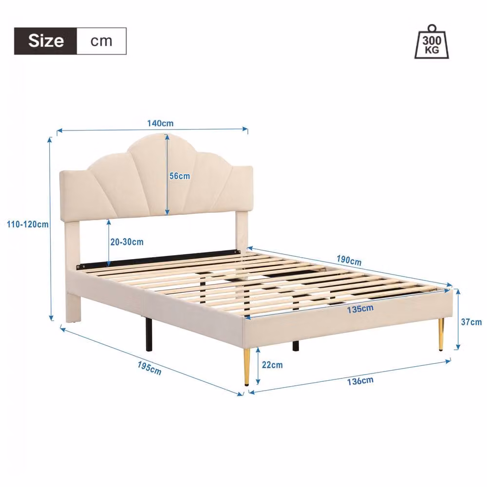 Matteo Velvet Upholstered Double Bed in Beige with Under-Bed Lighting and Drawers, W/D/H: 140 x 200 cm – 2