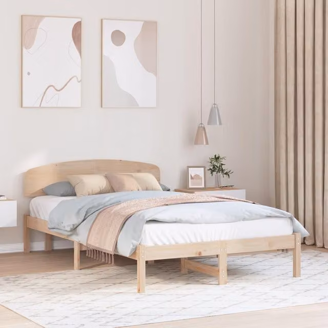 Berkfield Home Solid Wood Pine Bed Frame with Headboard, Beige, W: 135 cm, H: 74 cm, L: 190 cm – 1