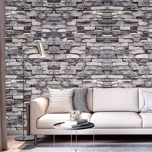 Livingandhome Retro 3D Stone Look Grey Adhesive PVC Striped Wallpaper