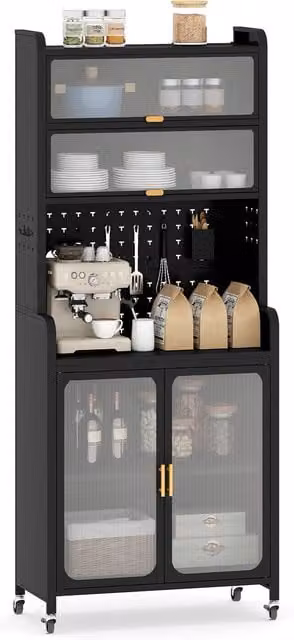 COSTWAY Modern Black Kitchen Pantry Storage Cabinet and Coffee Bar with Glass Hinged Doors