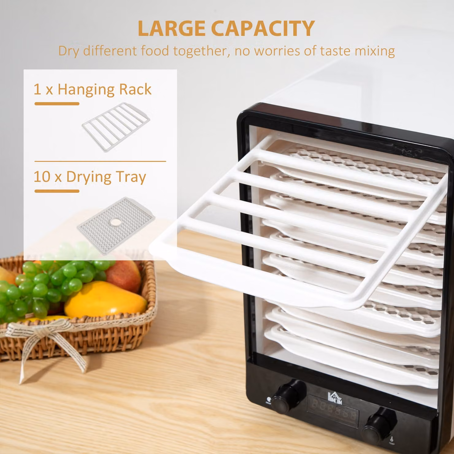 HOMCOM 11 Tier Food Dehydrator, 550W Food Dryer Machine with Adjustable Temperature, Timer and LCD Display in White – 5
