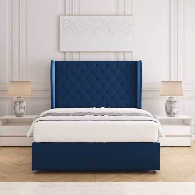 BSSPOKE Amelia King Size Divan Bed Set with 54 inch Plush Velvet Headboard and Mattress in Blue, W/D/H: 180 x 200 cm