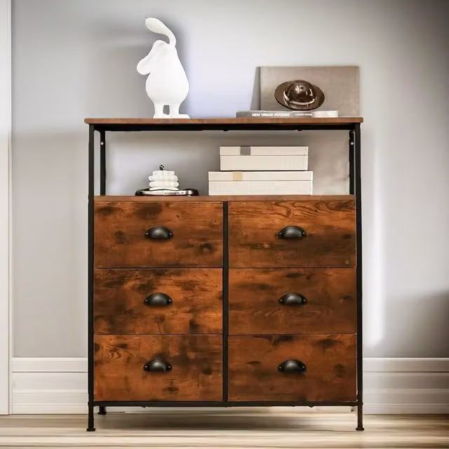 Pirlo Plush Industrial 6 Drawer Bedroom Chest in Rustic Brown