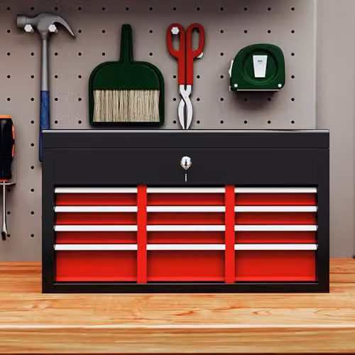 HOMCOM 6 Drawer Metal Tool Chest with Lockable Top Case in Red, W/D/H: 60.0 x 26.0 x 34.0 cm – 6
