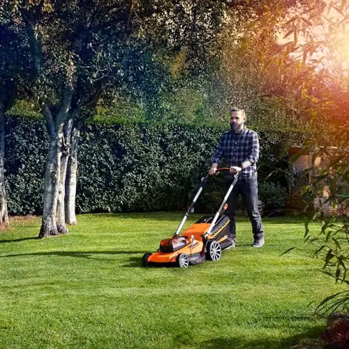 LawnMaster MX 24V Orange Cordless Lawnmower with 46cm Cutting Width, Rechargeable Battery, Collection Bag and Mulching Kit – 2