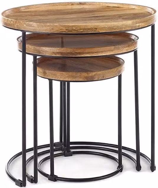 FORGEVIO Nest of 3 Round Solid Wood Side Tables in Brown – 1