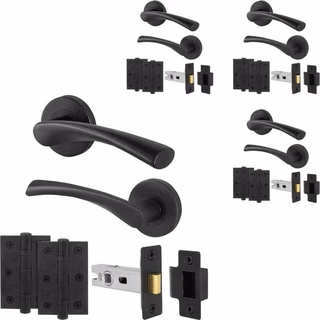 AFIT Matt Black Internal Door Handles with Latch, Rose Style, 4 Pairs, W/D/H: 15 x 15 cm