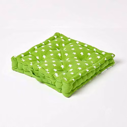 Homescapes Cotton Star Floor Cushion in Green and White, W/D/H: 50 x 50 x 10 cm