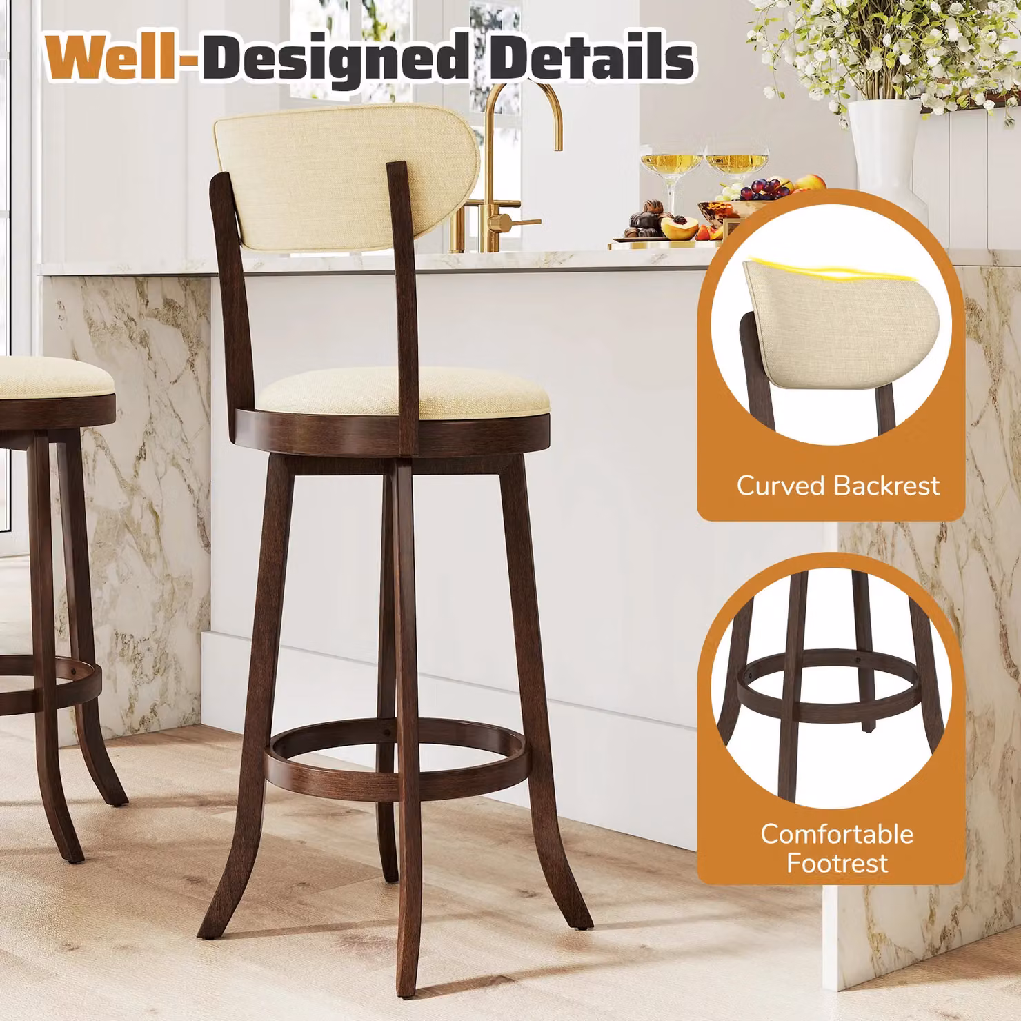 Costway Set of 2 Beige Swivel Counter Height Stools with Fabric Upholstery and Rubberwood Legs – 9