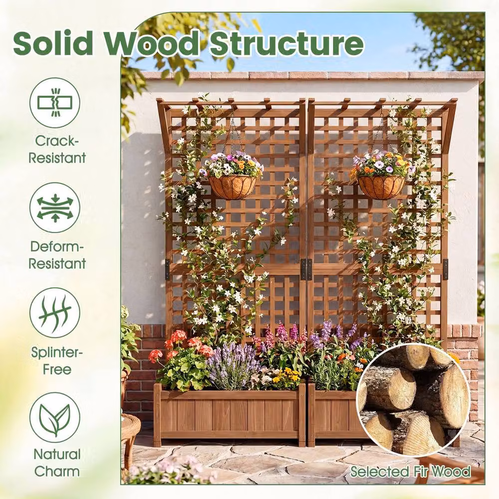 Costway Brown Wooden Raised Garden Bed with Hanging Roof and Trellis Fir Wood Planter Box – 6