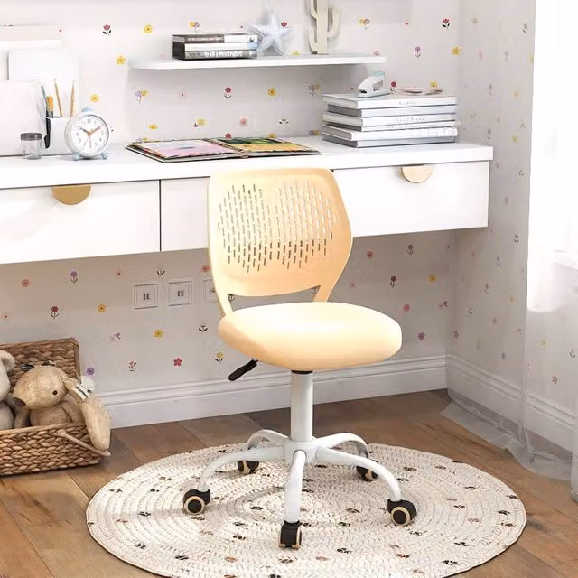 Costway Ergonomic Adjustable Childrens Study Chair in Beige Fabric with 360 Degree Swivel and Castors – 1
