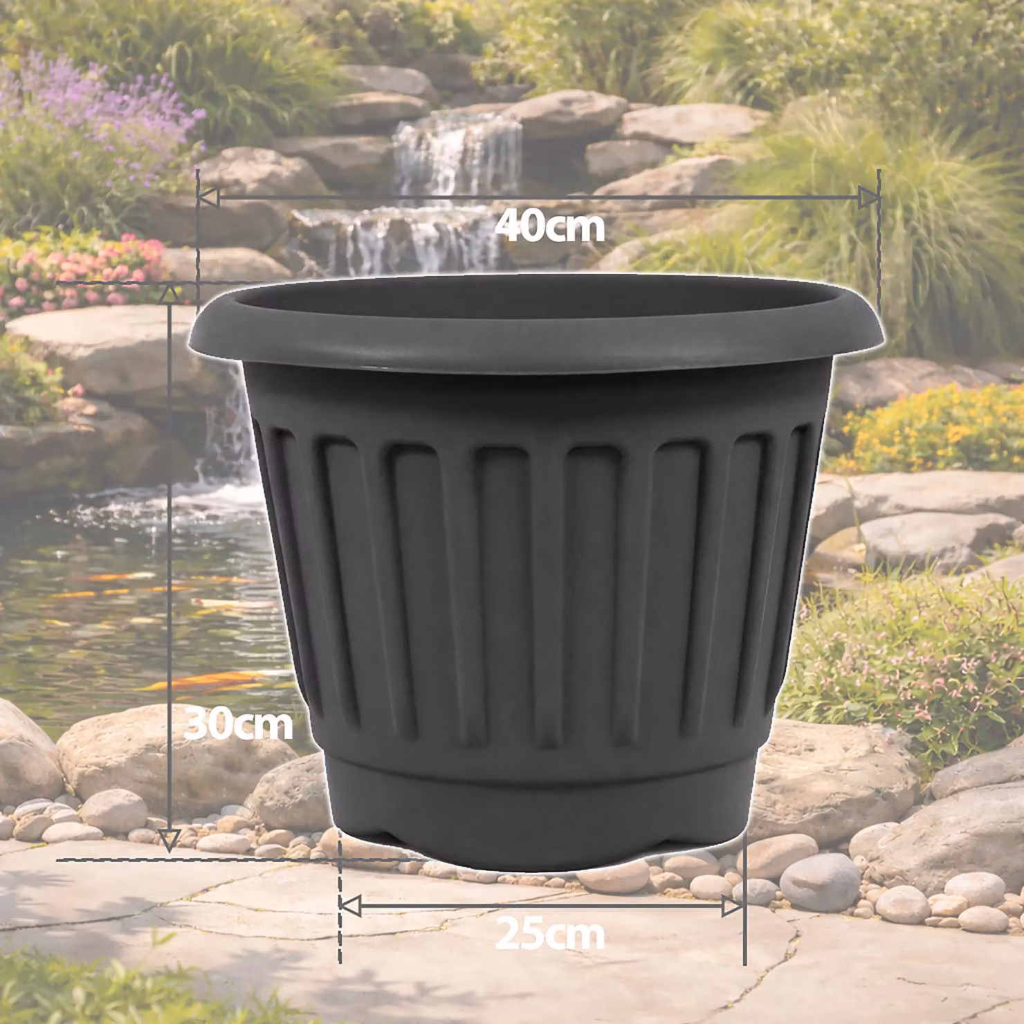Simpa Set of 2 Round Chunky Black Plastic Planter Tubs, Diameter: 30 cm – 6