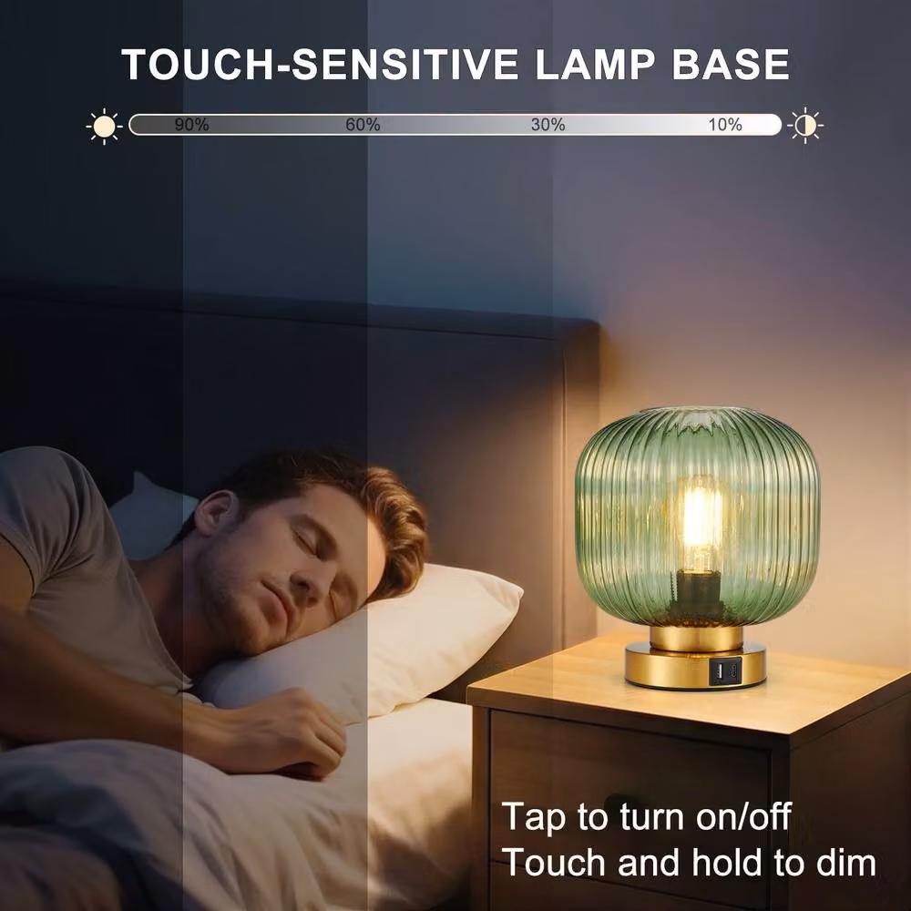 Harper Living Dimmable Touch Control Table Lamp with Green Glass Dome Shade and Gold Brass Base – 2