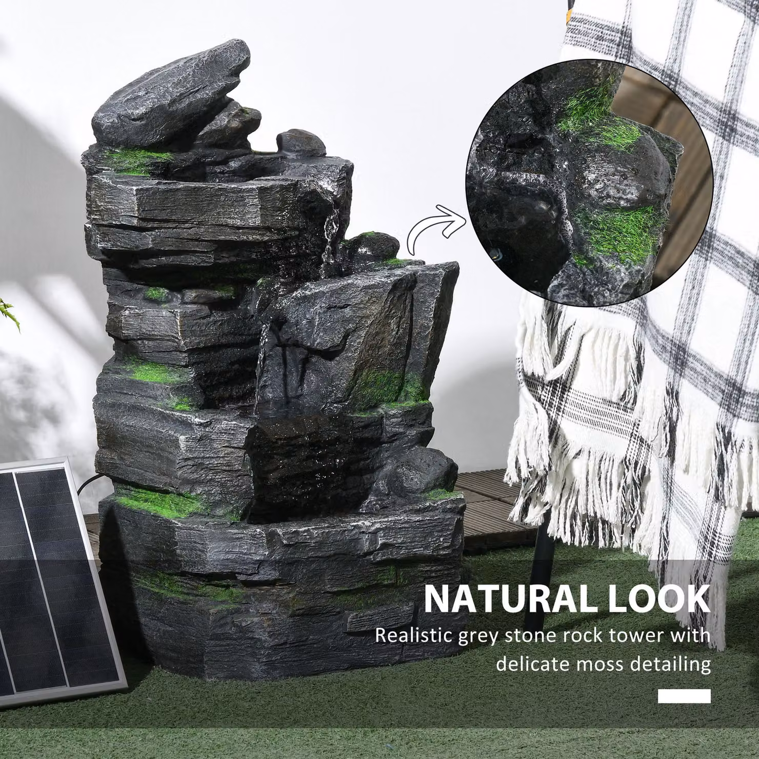 Outsunny Solar-Powered Garden Water Fountain with LED Lights, Stone Rock Tower Cascade in Dark Grey – 6