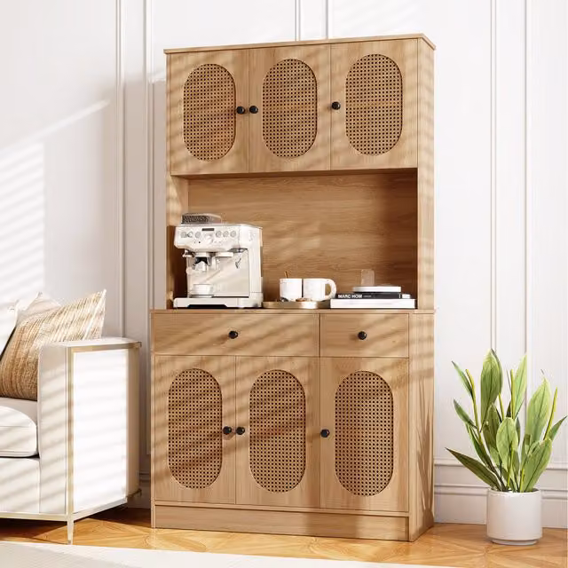 COSTWAY Freestanding Boho Rattan Wood Tall Unit in Beige and Brown