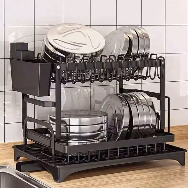 VOGREX Black 2-Tier Metal Sink Dish Drying Rack with Drip Tray and Cutlery Holder – 1