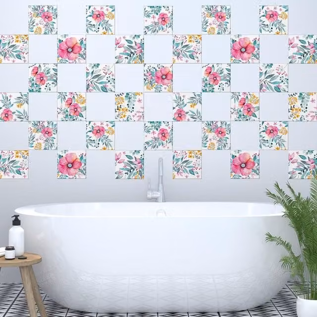 Walplus Pink Floral Adhesive Square Wall Tile Stickers, 15 x 15 cm, 24 Pack
