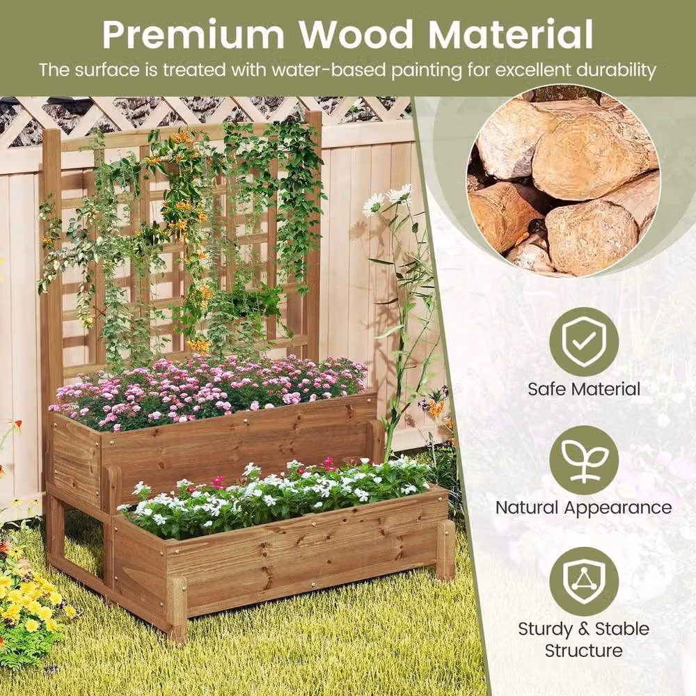 VOGREX 2-Tier Wooden Raised Garden Bed in Brown, W/D/H: 121 x 67 x 67 cm – 4