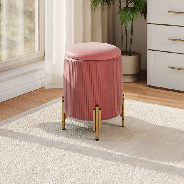 Livingandhome Modern Cylindrical Velvet Storage Ottoman with Gold Metal Base in Pink