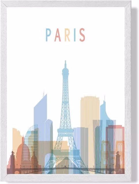 ARTZE Paris Colourful City Skyline Framed Print in Pale Blue with White Frame, A3
